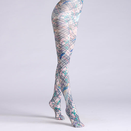 Bird print tights with tartan and florals