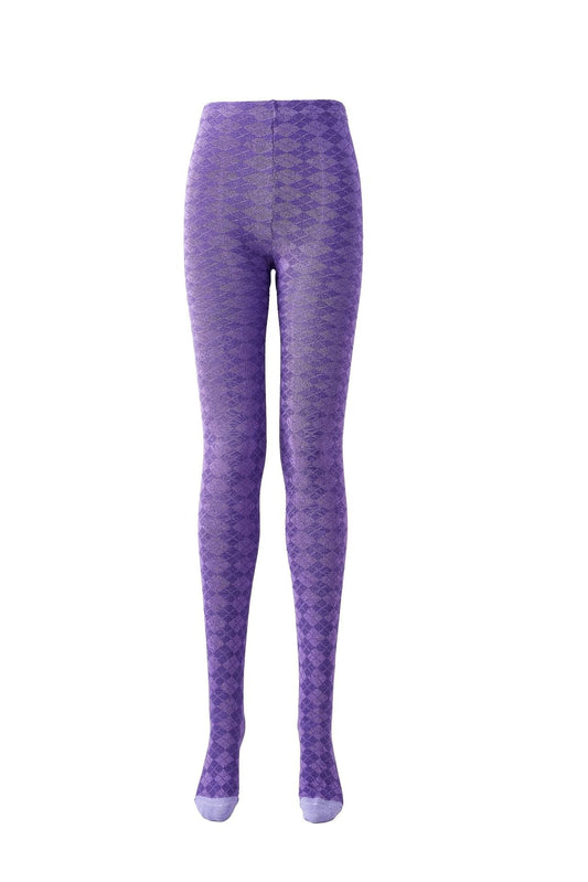 Checked wool-blend thermal tights in purple, flat lay front view