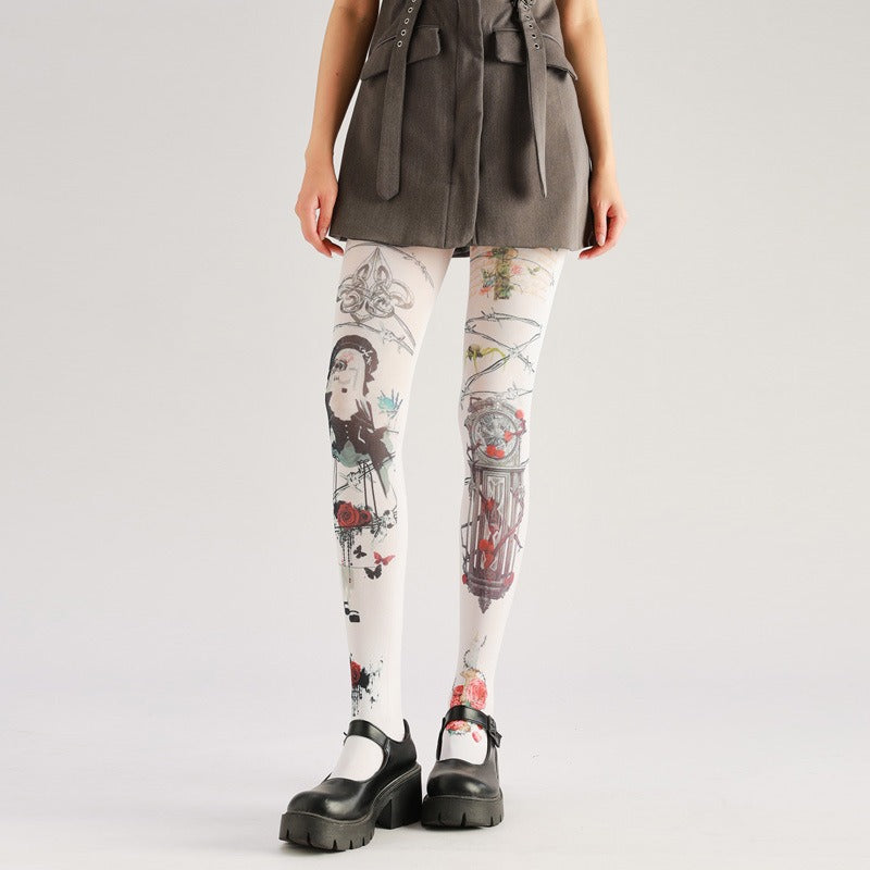 Clock Pattern Dark Fashion Tights with high elasticity, perfect for parties, cosplay, events, and street fashion