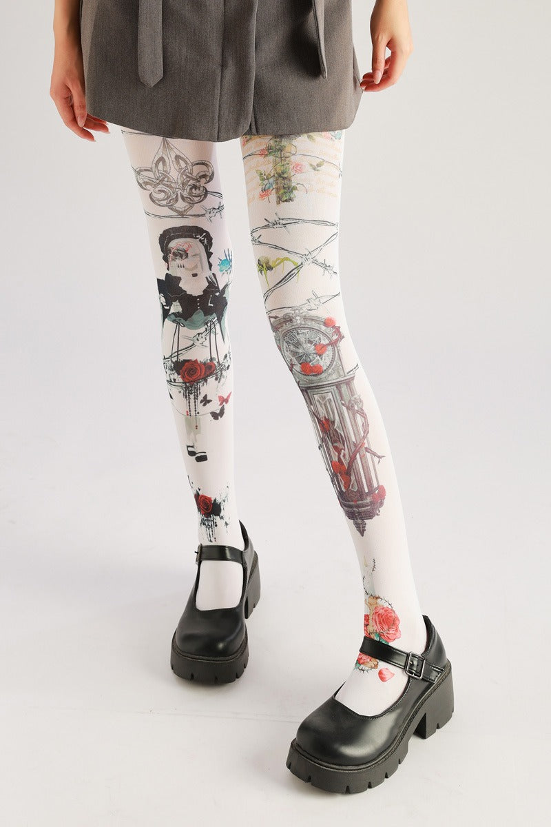 Clock Pattern Dark Fashion Tights with high elasticity, perfect for parties, cosplay, events, and street fashion