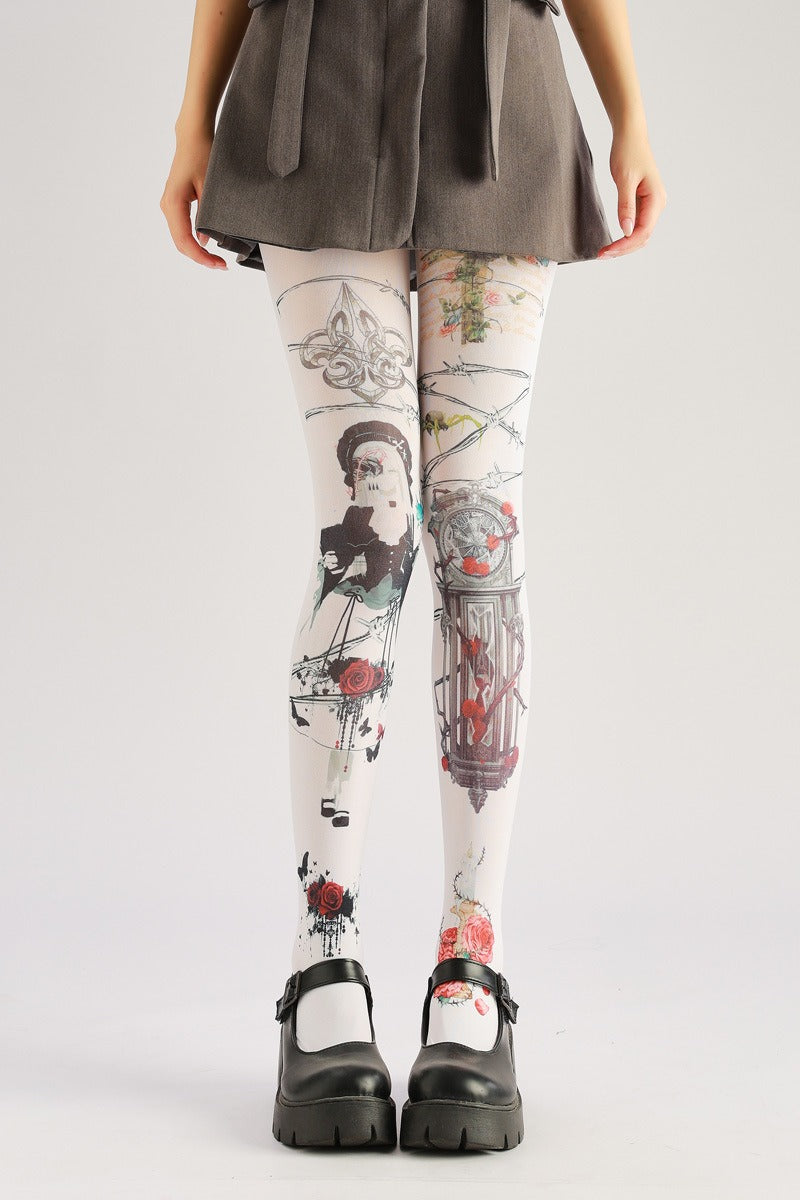 Clock Pattern Dark Fashion Tights with high elasticity, perfect for parties, cosplay, events, and street fashion