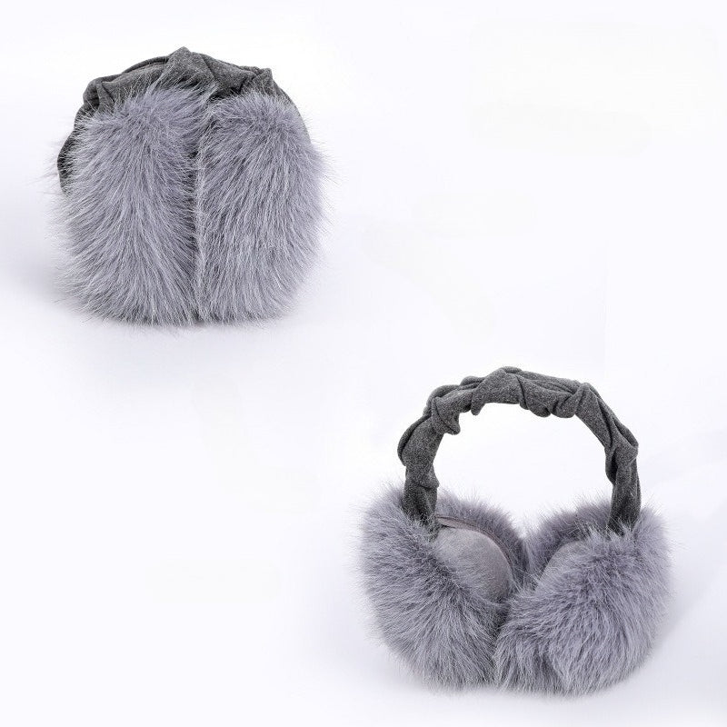 Grey ruched-headband earmuffs shown folded and open