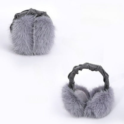 Grey ruched-headband earmuffs shown folded and open