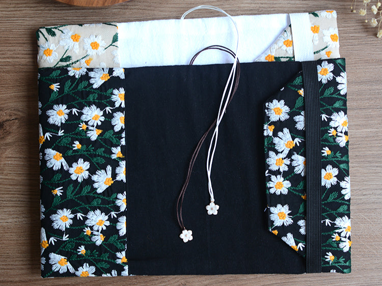 Embroidered Daisies Book Pouch / Notebook Black