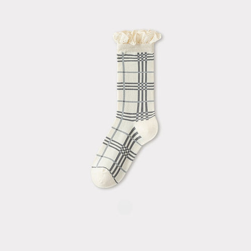 White crew socks with a gray plaid pattern and delicate lace trim at the top.
