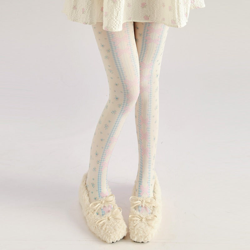 Lolita Floral Bow Tights with high elasticity and shaping fit, suitable for events, cosplay, street style, and gifting girls at Christmas