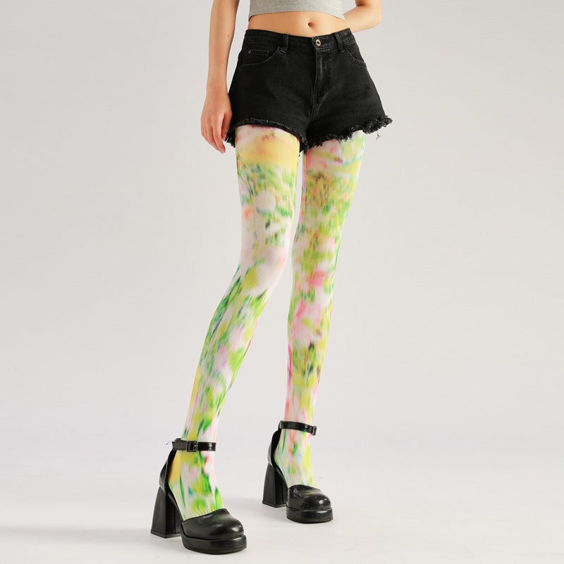 Coloured Floral Print Tights with high elasticity and compression,shaping fit and ideal for weddings, parties, ethnic outfits, and street fashion