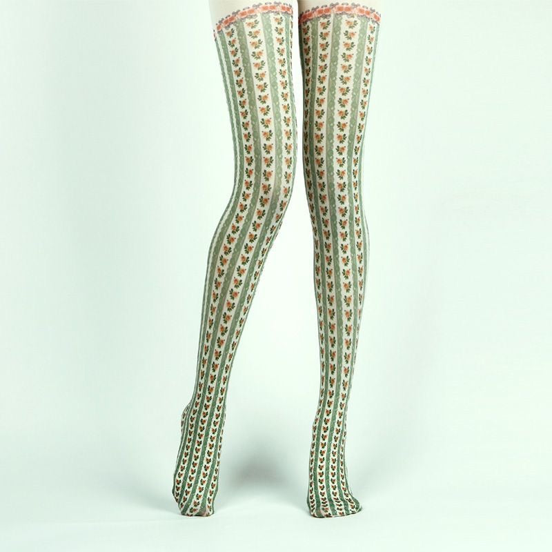 Green Cottage Floral Tights with high elasticity and compression,shaping fit and ideal for weddings, parties, ethnic outfits, and street fashion