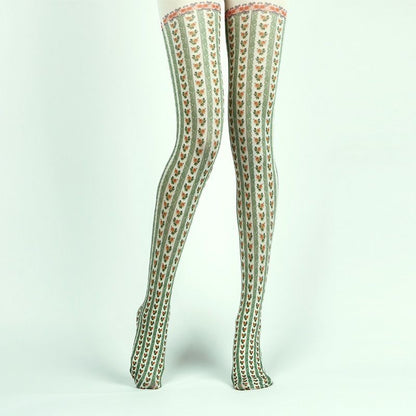 Green Cottage Floral Tights with high elasticity and compression,shaping fit and ideal for weddings, parties, ethnic outfits, and street fashion