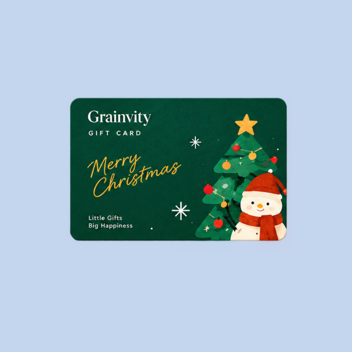 Grainvity Merry Christmas e-gift card design with snowman and star-topped Christmas tree, shown on a light blue background