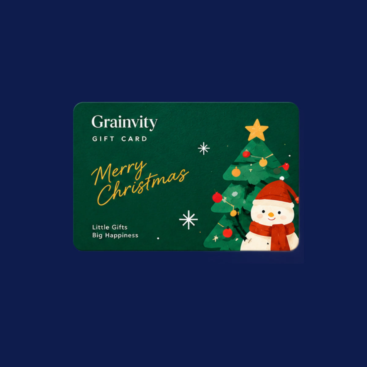 Green Grainvity Christmas gift card with gold "Merry Christmas" script, a decorated tree and a snowman in a red hat, on a navy background