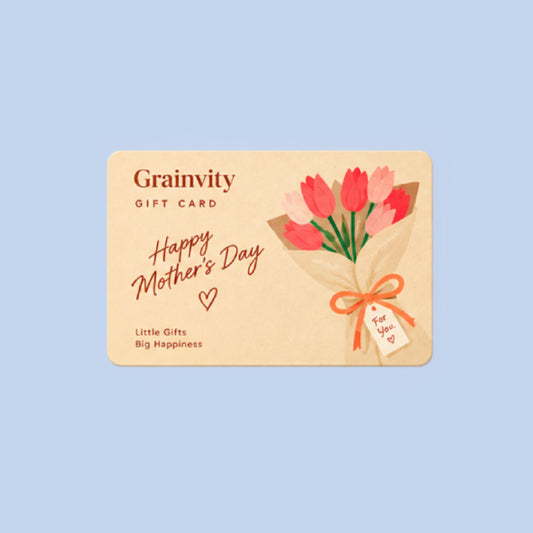 Grainvity Happy Mother's Day e-gift card design with tulip bouquet and "For You" tag, shown on a light blue background