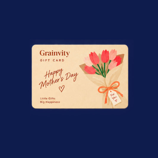 Cream Grainvity Mother's Day gift card with "Happy Mother's Day" script and a pink tulip bouquet tied with an orange ribbon, on a navy background