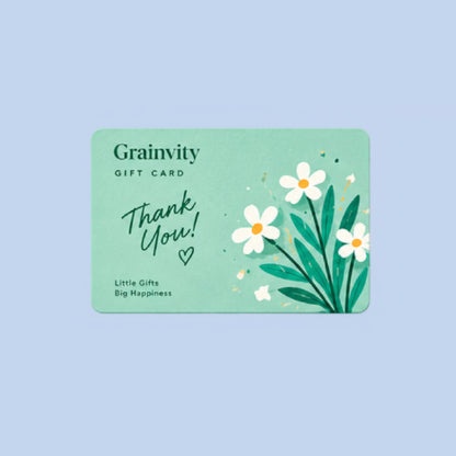Grainvity Thank You e-gift card design with white daisy illustration on a mint card, shown on a light blue background