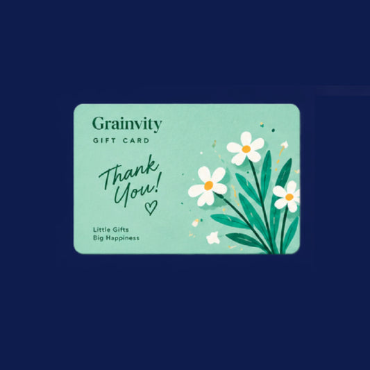 Mint green Grainvity thank you gift card with "Thank You!" script and a bunch of white daisies, on a navy background