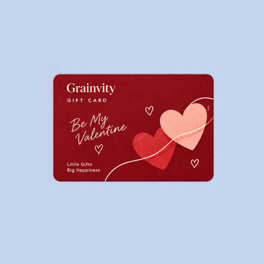 Grainvity Be My Valentine e-gift card design with heart illustrations on a red card, shown on a light blue background