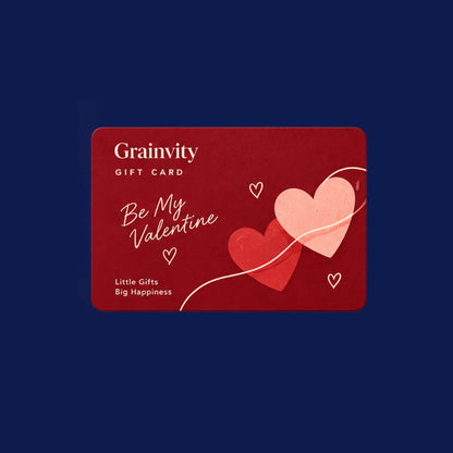 Deep red Grainvity Valentine's Day gift card with "Be My Valentine" script and two overlapping pink and red hearts, on a navy background