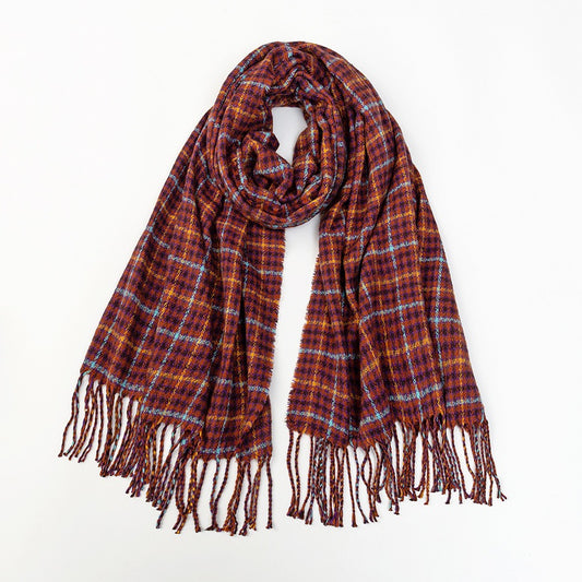 Burgundy houndstooth scarf with long fringe, loosely knotted