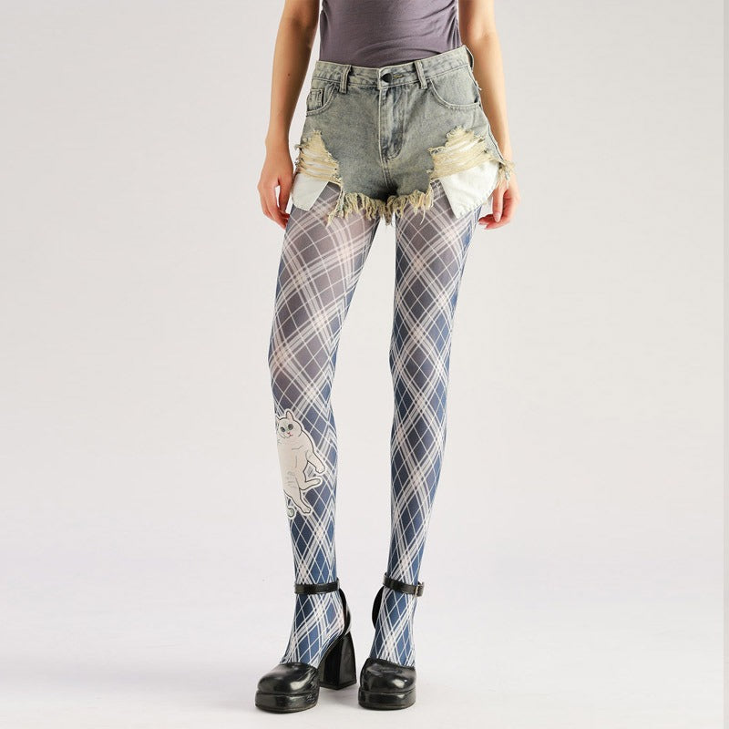 Kitty Tartan Women Tights Women's Fancy Dress Costume Accessories, Perfect for Parties, Office, Street Fashion, and Daily Wear