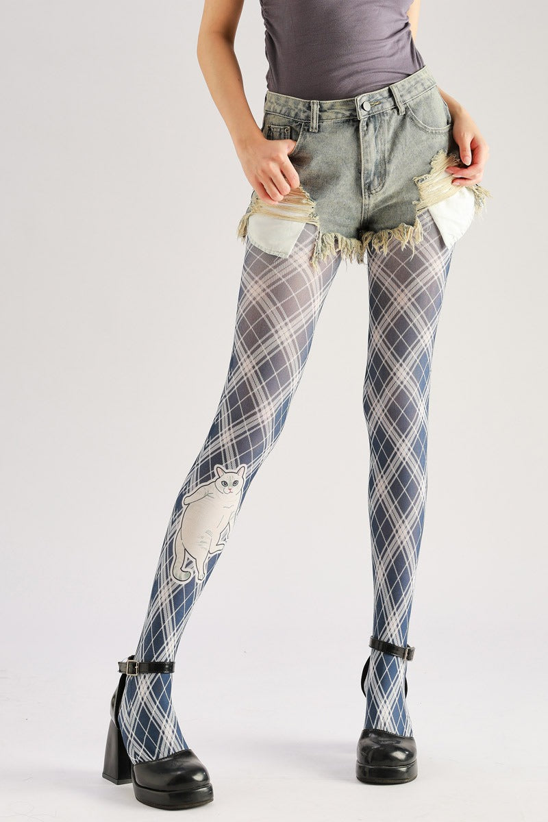 Kitty Tartan Women Tights Women's Fancy Dress Costume Accessories, Perfect for Parties, Office, Street Fashion, and Daily Wear