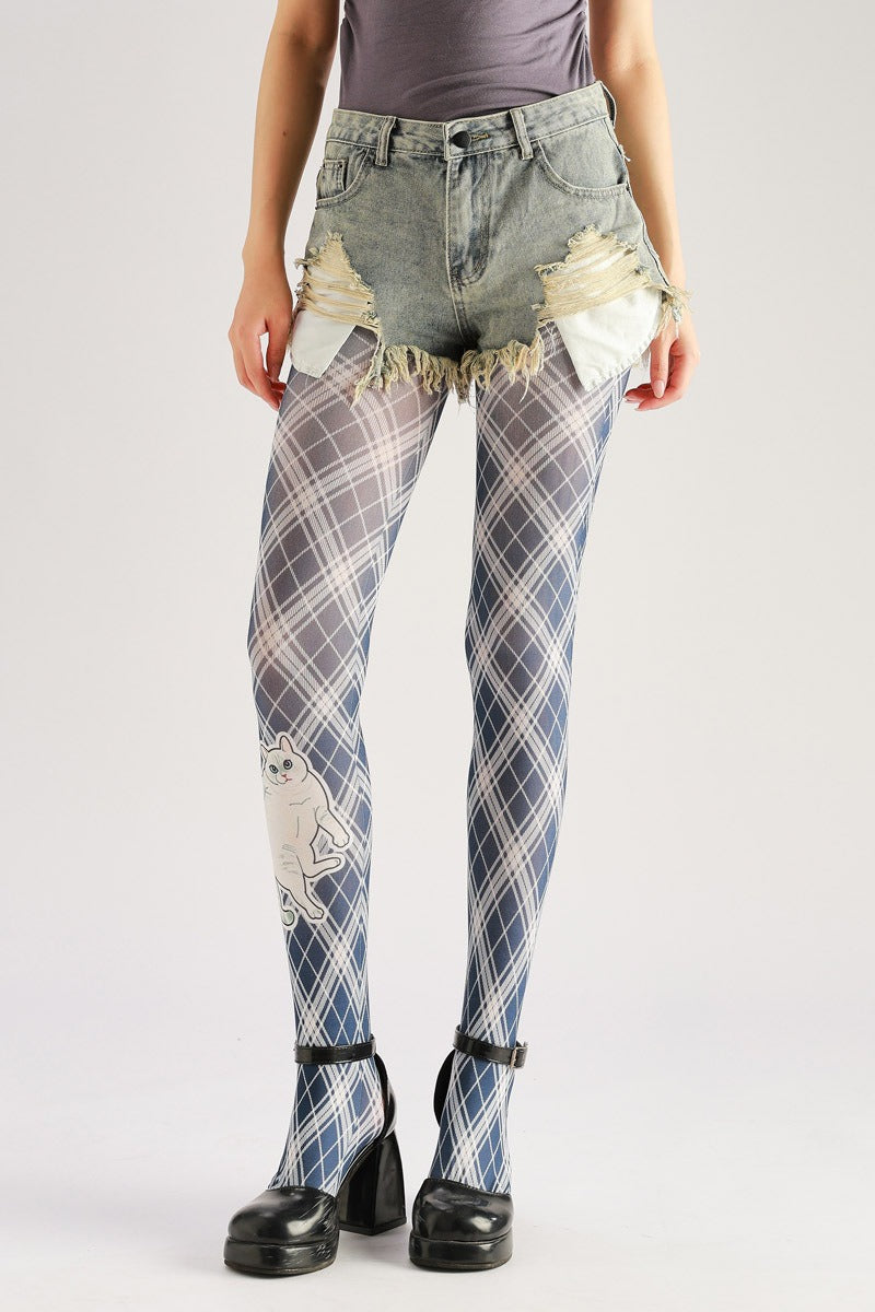 Kitty Tartan Women Tights Women's Fancy Dress Costume Accessories, Perfect for Parties, Office, Street Fashion, and Daily Wear