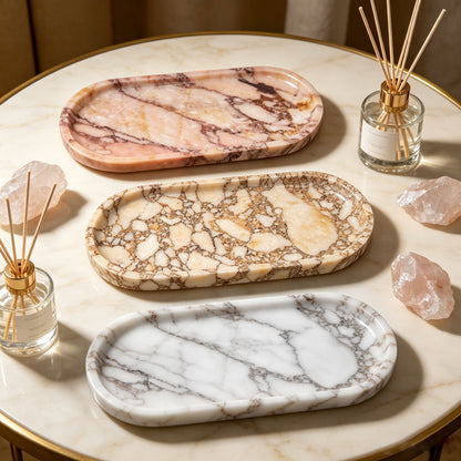Natural Marble Oval Tray | Luxury Stone Organiser for Jewellery & Aromatherapy