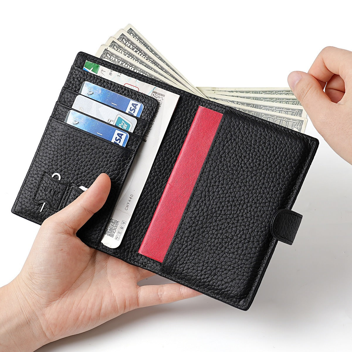 Black passport Holder Leather Travel wallet for passport and money.