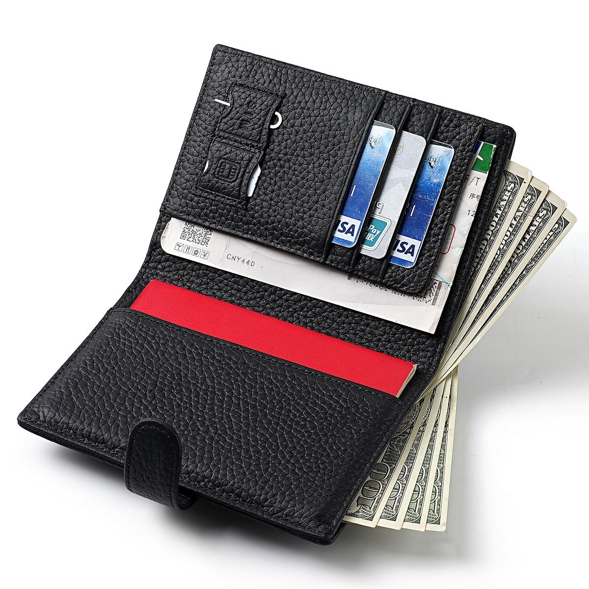 Black passport Holder Leather Travel wallet for passport and money.