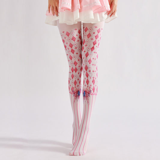 Lolita Bow Knot Pink Tights with high elasticity and shaping fit, suitable for events, cosplay, street style, and gifting girls at Christmas