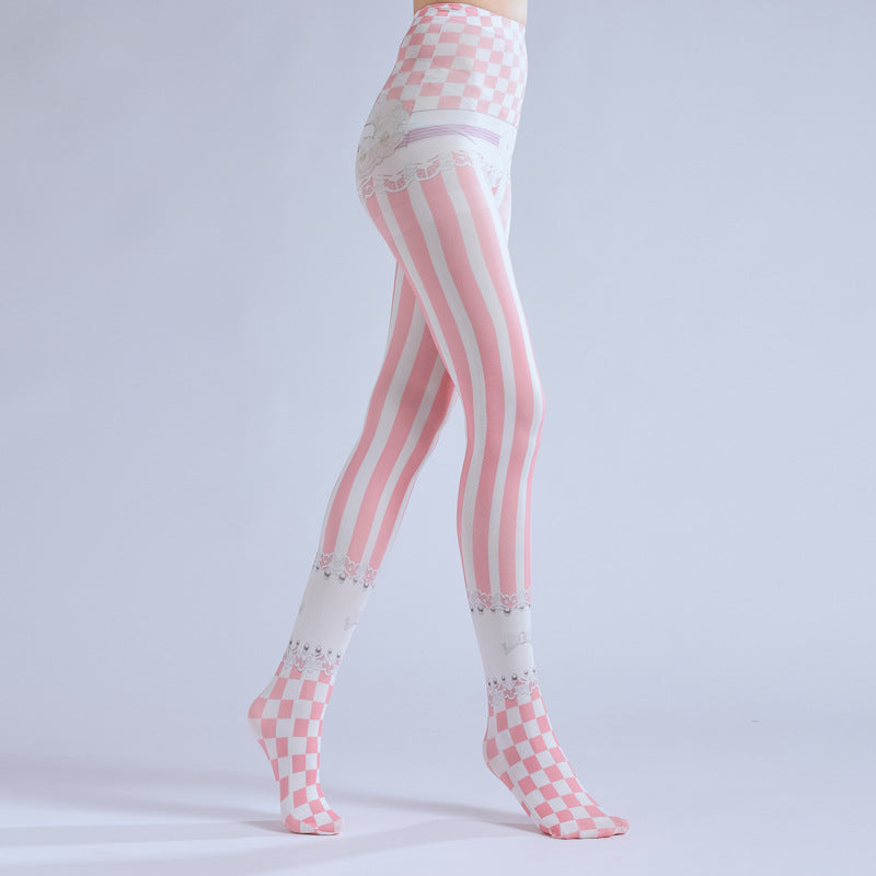 Pink Striped Lolita Tights with high elasticity and shaping fit, suitable for events, cosplay, street style, and gifting girls at Christmas