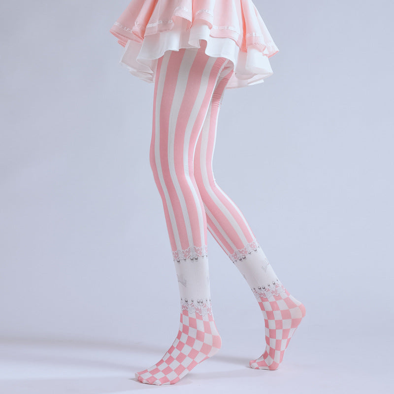 Pink Striped Lolita Tights with high elasticity and shaping fit, suitable for events, cosplay, street style, and gifting girls at Christmas