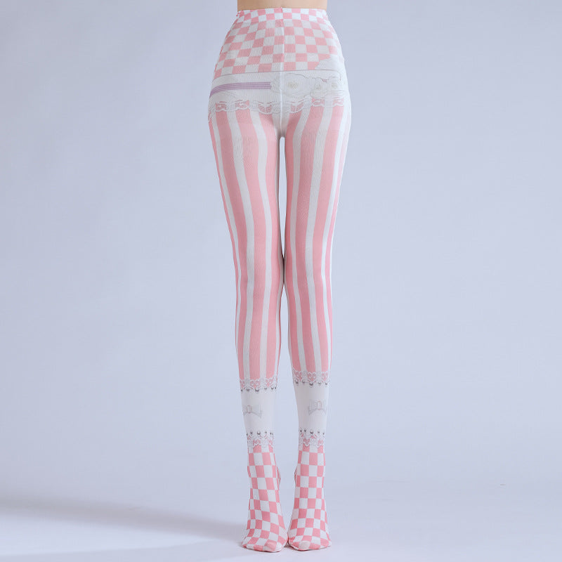 Pink Striped Lolita Tights with high elasticity and shaping fit, suitable for events, cosplay, street style, and gifting girls at Christmas