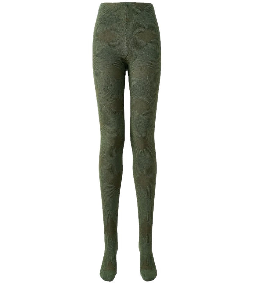 Plaid thermal tights in army green, flat lay front view