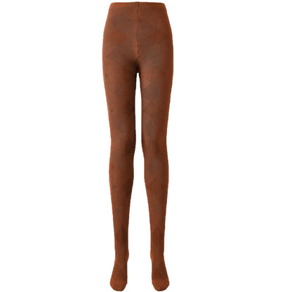 Plaid thermal tights in brown, flat lay front view