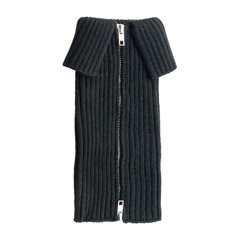 Black side-zip leg warmers with fold-over cuff, front view