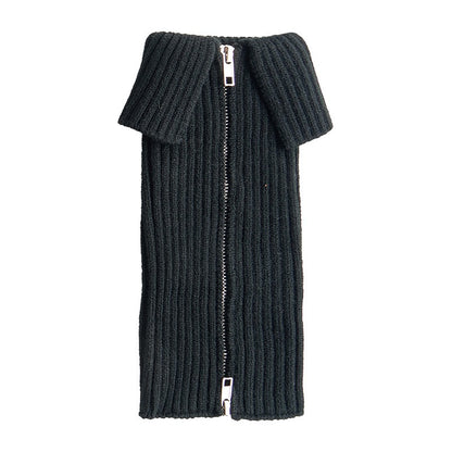 Black side-zip leg warmers with fold-over cuff, front view