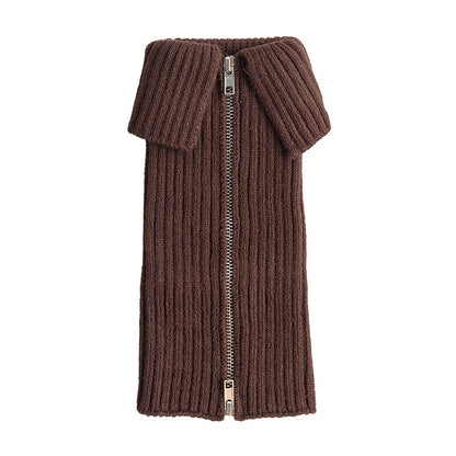 Coffee side-zip leg warmers with fold-over cuff, front view
