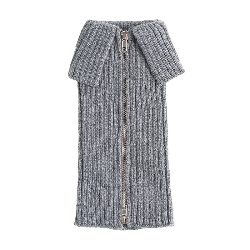 Grey side-zip leg warmers with fold-over cuff, front view