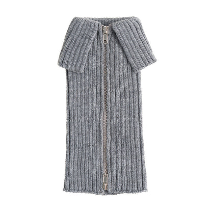Grey side-zip leg warmers with fold-over cuff, front view