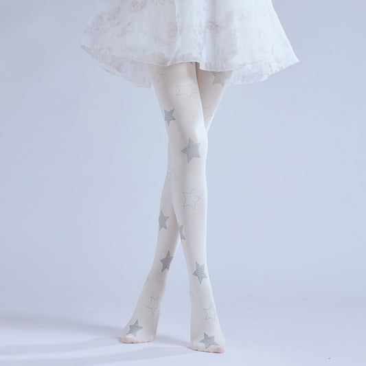 Sparkly Silver Star Printed Tights by Grainvity