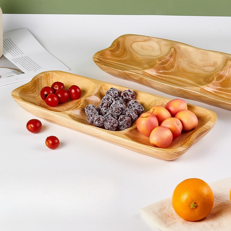 Three-Compartment Wooden Nut & Snack Serving Plate