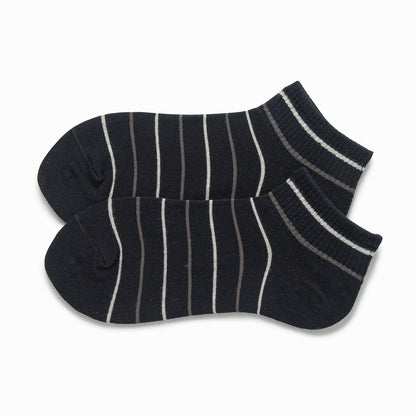 Black striped ankle socks with white and grey pinstripes, pair laid flat