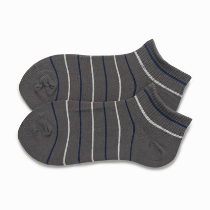 Grey striped ankle socks with navy and white pinstripes
