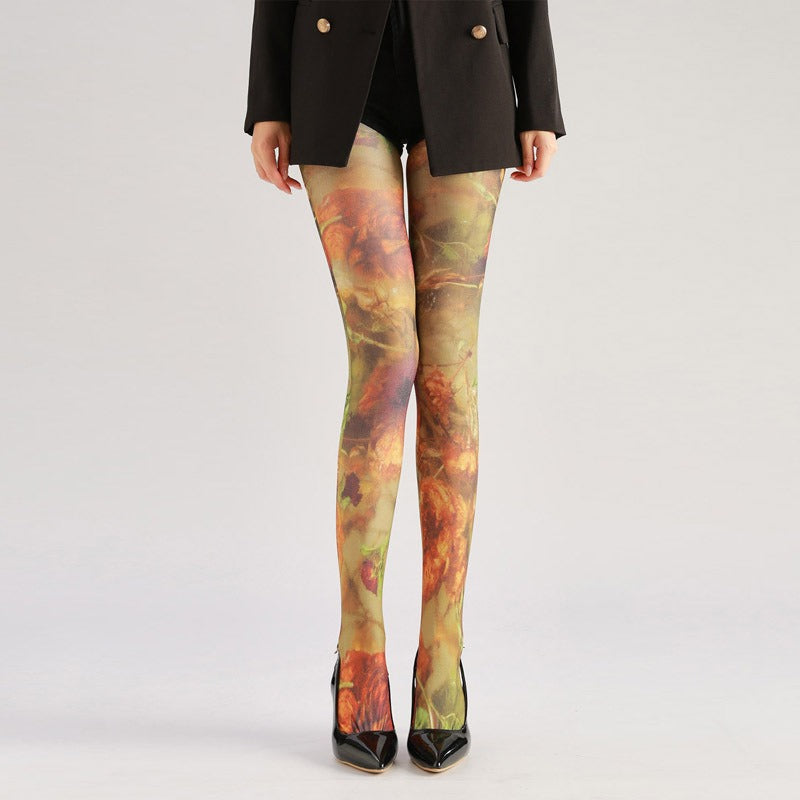 Floral Oil Painting Tights with high elasticity and compression,shaping fit and ideal for weddings, parties, ethnic outfits, and street fashion