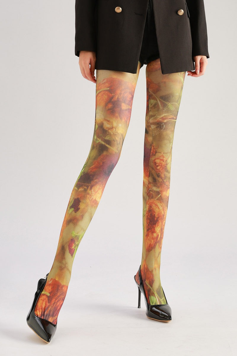 Floral Oil Painting Tights with high elasticity and compression,shaping fit and ideal for weddings, parties, ethnic outfits, and street fashion