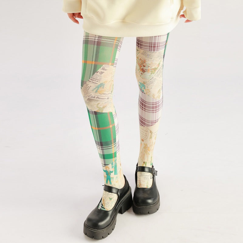 Vintage Plaid Cartoon Women Tights Women's Fancy Dress Costume Accessories, Perfect for Parties, Office, Street Fashion, and Daily Wear