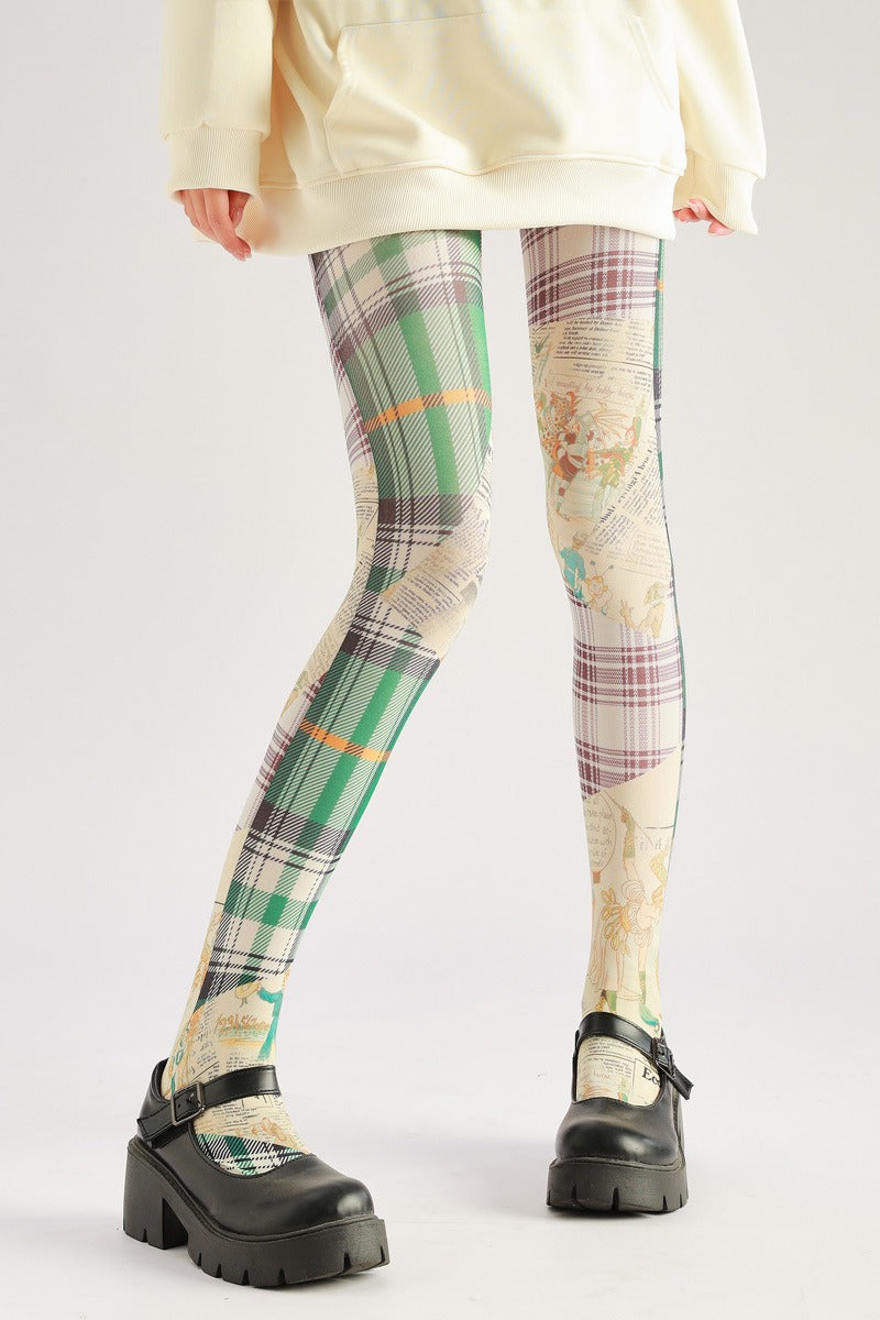 Vintage Plaid Cartoon Women Tights Women's Fancy Dress Costume Accessories, Perfect for Parties, Office, Street Fashion, and Daily Wear