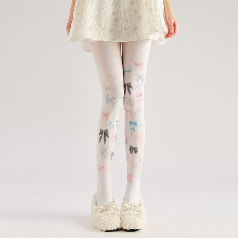 White Bow Tights with high elasticity and shaping fit, suitable for events, cosplay, street style, and gifting girls at Christmas