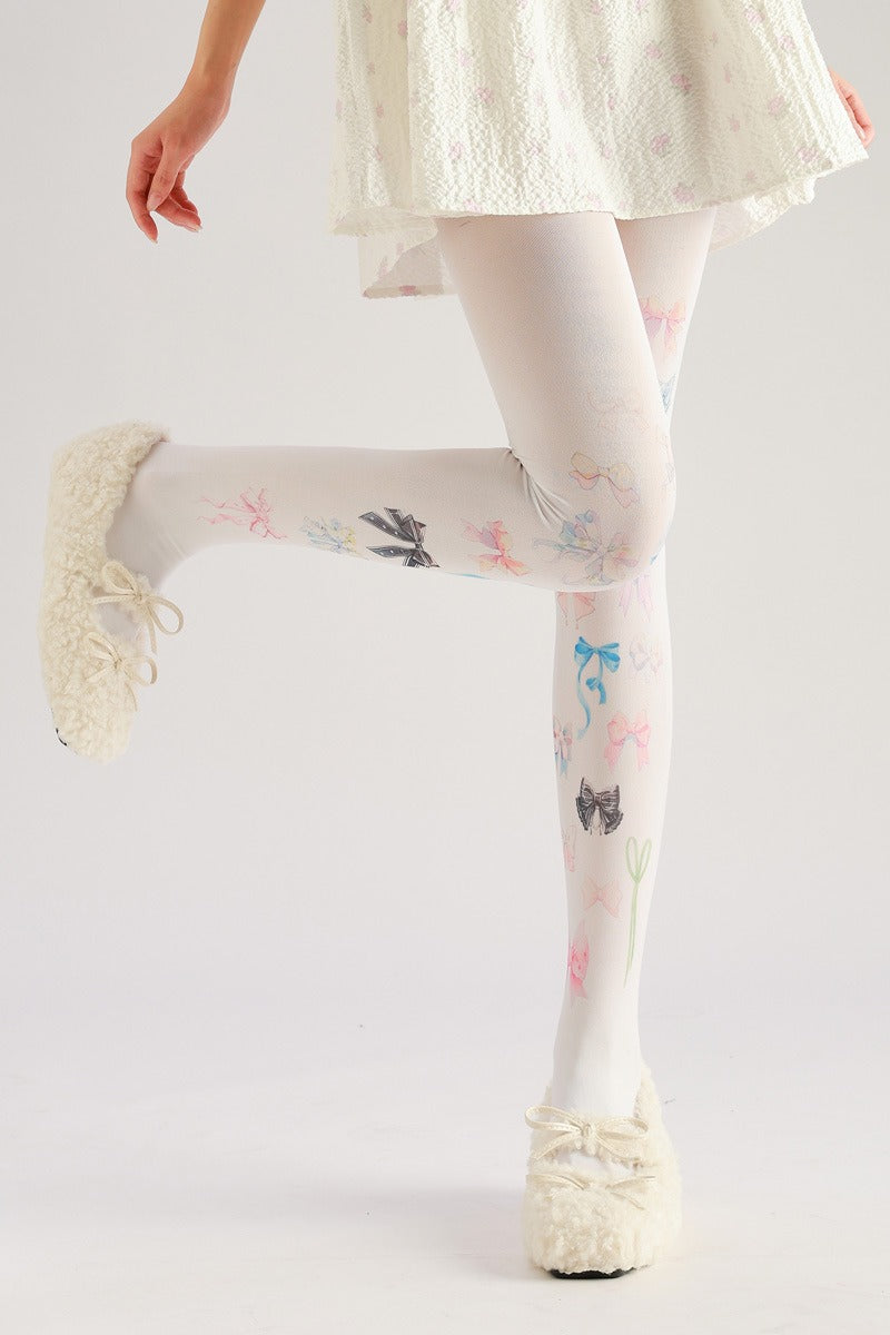 White Bow Tights with high elasticity and shaping fit, suitable for events, cosplay, street style, and gifting girls at Christmas
