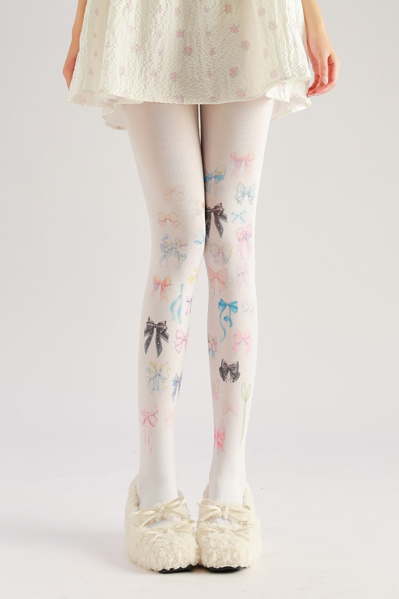 White Bow Tights with high elasticity and shaping fit, suitable for events, cosplay, street style, and gifting girls at Christmas
